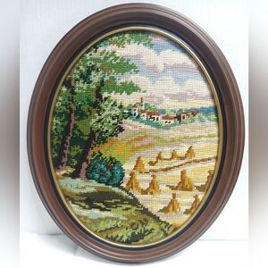 Vintage Oval Framed Landscape Needlepoint Art